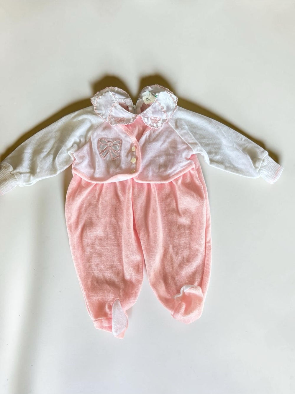 Vintage Sears Baby Girl Pink Footed Sleeper 6M Satin Collar Bow Cottagecore